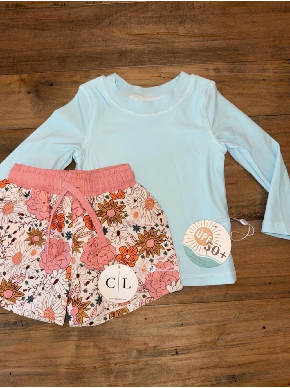 Caden Lane Aqua Long-Sleeve Rash Top with Pink Floral Shorts